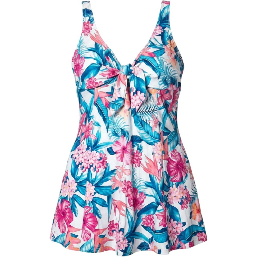 Swim Solutions Bow Front Swim Dress White Multi Tropical Floral Tummy Control 12
